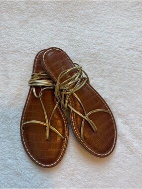 Brown Faux-Croc Sandals with Gold Wrap Straps